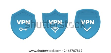 Set of 3d VPN shield with key, wifi sign and check mark. Design concept of private network connectivity, successful connection, privacy protection, data transfer and web traffic. Vector illustration.
