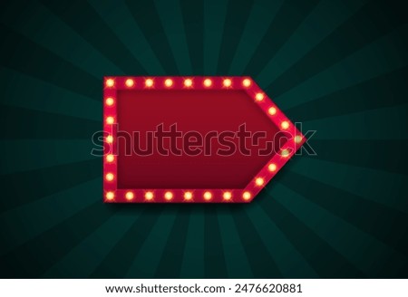 Retro lightbox in arrow shape on retro rays background. Lightbox arrow with empty place for text. Arrow design for pointer, direction, orientation and navigation. Vector illustration.