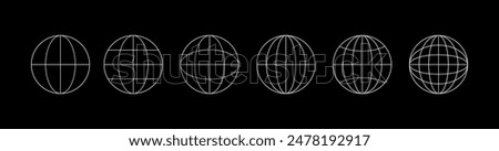 World globe grids in circle form. Linear striped spheres, earth latitude and longitude line grid. Retro futuristic design elements. Vector illustration.