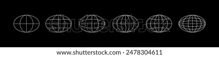 World globe grids in oval form. Linear striped spheres, earth latitude and longitude line grid. Retro futuristic design elements. Vector illustration.