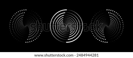 Set of speed lines in circle form. Halftone dotted speed lines. Abstract geometric circles with rotating radial lines who consisting of two sections. Vector illustration.