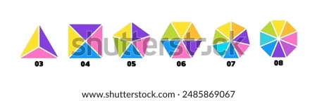 Segmented diagrams of geometric figures such as triangle, square, pentagon, hexagon, heptagon and octagon. Set of figure diagrams with 3, 4, 5, 6, 7 and 8 parts. Vector illustration.