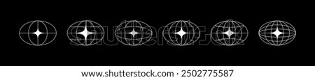 World globe grids in oval form with stars shapes. Linear striped spheres, earth latitude and longitude line grid. Retro futuristic design elements. Vector illustration.