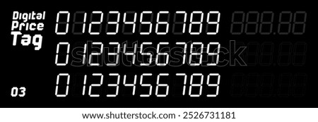 Digital price tag numbers in a seven-segment display style on black background. The numbers include digits from 0 to 9, with various configurations and decimal points. Design can be use for retail