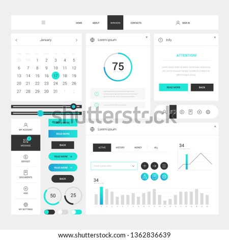 Modern web design elements frame template on white background. Web elements with navigation, buttons, icons for use on the site. Daily ui. Web interface template