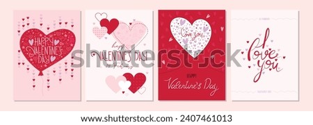 Love collection 4 postcards with hearts and lettering. Perfect for Valentines day invitation. Romantic and cute lovely cards set