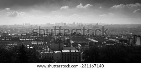 Black-and-white cityscape of Paris shot from Montmartre