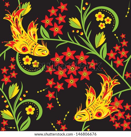 Seamless pattern in traditional russian style hohloma with birds, abstract berries and flowers
