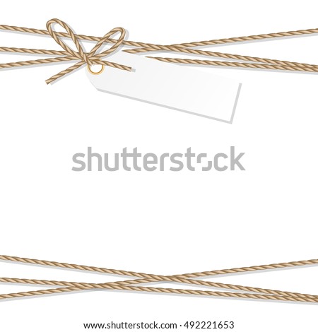 Abstract white background with tag label tied up with rope bakers twine bow and ribbons
