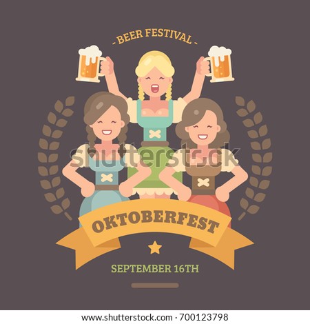 Oktoberfest flat illustration banner. Three beer maids in dirndl dresses. Blonde girl holding two beers. Beer festival poster