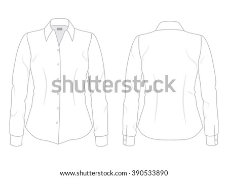 Women's dress shirt with long sleeves template, front and back view