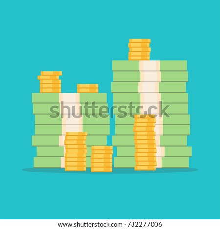 Stack of money dollars. Gold coins. Big pile of cash. Vector illustration.