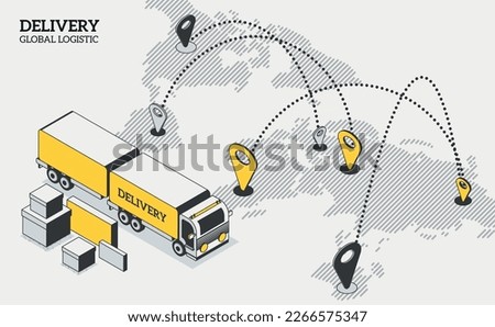 International logistic company worldwide operations with cargo distribution shipment and transportations. Isometric projection with a delivery van, parcels, and a map with locations