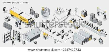 International logistic company worldwide operations with cargo distribution shipment and transportations. Isometric projection