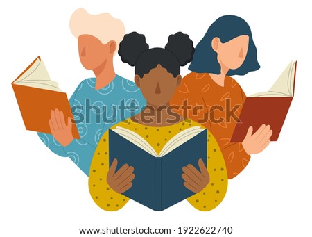 Young people different nationalities and cultures reading books. Book lovers, fans of literature. Concept of Book Week or World Book Day. Flat vector illustration isolated on white background.