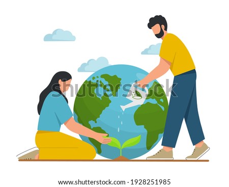 Young people take care the planet. Happy Earth Day. Concept of environmental protection and nature care. Design for greeting card, poster, web or print. Flat vector illustration.