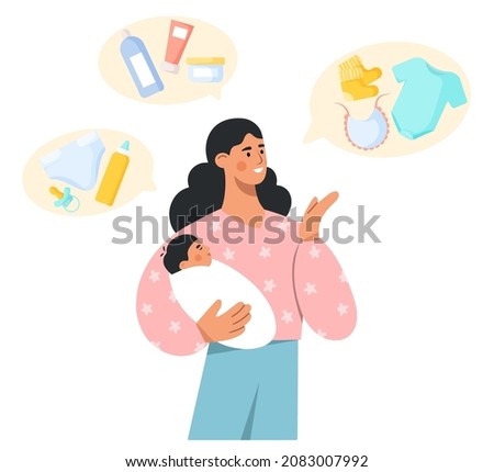 Mother and child concept. Beautiful woman holding her cute baby in arms. Assortment of goods for the child. Kids' things. Flat vector illustration on white background.