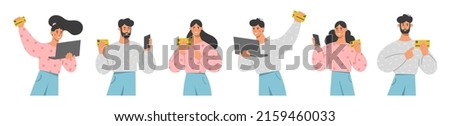 Collection of people paying with a credit card over the internet. Online shopping, cashless payment concept. Flat vector illustration on white background.