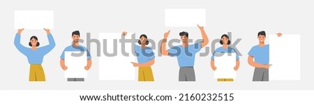 Collection of people holding and showing on a white blank board, poster, banner. Business presentation, sale offer or advertising concept. Flat vector illustration.