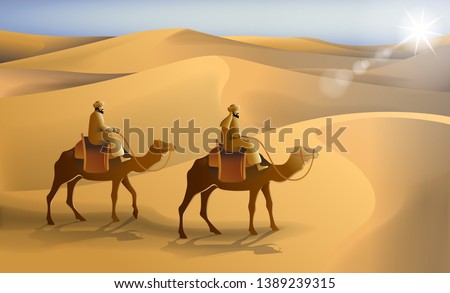 stock vector arabian desert landscape with two man riding camel and shining sun light lens flare graphic illustration