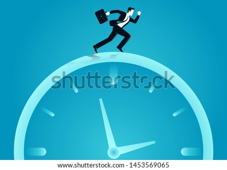 vector illustration of businessman running above a o clock. describe time is money, compete, move and faster. business concept illustration