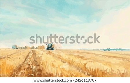 watercolor illustration tractor on the field	
