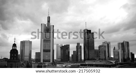 Black and White Frankfurt Skyline under Dramatic Sky