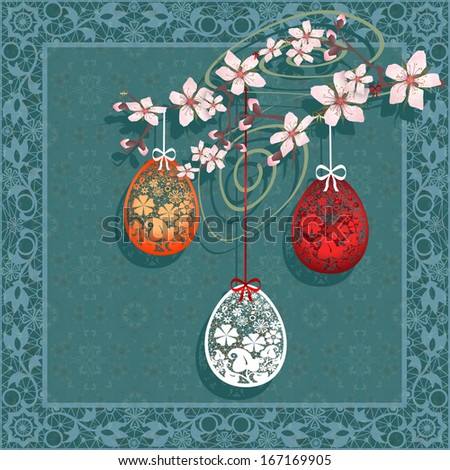 Happy Easter greeting card with egges and branch