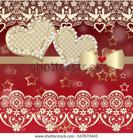 Valentine card album hearts and lace on red background