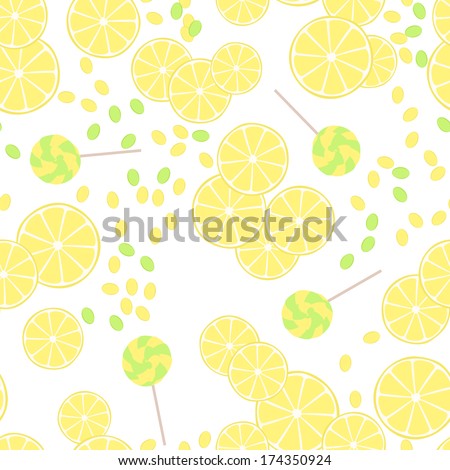 Seamless pattern of yellow lemon slices and candy lollipops background