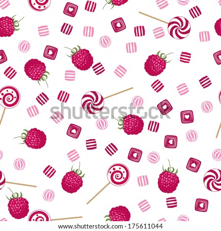 Raspberry lollipops, candy and chewing gum seamless pattern background texture