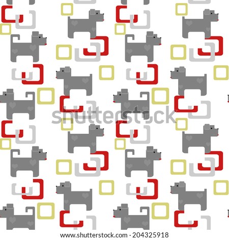 Seamless kids pattern texture with pixel dogs and geometric elements on white background