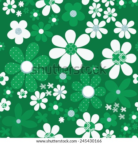 Seamless floral pattern with cute cartoon flowers on green background