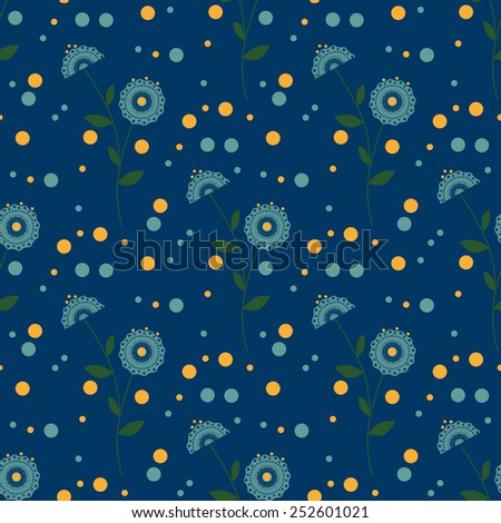 Seamless floral pattern with cute cartoon flowers on navy background
