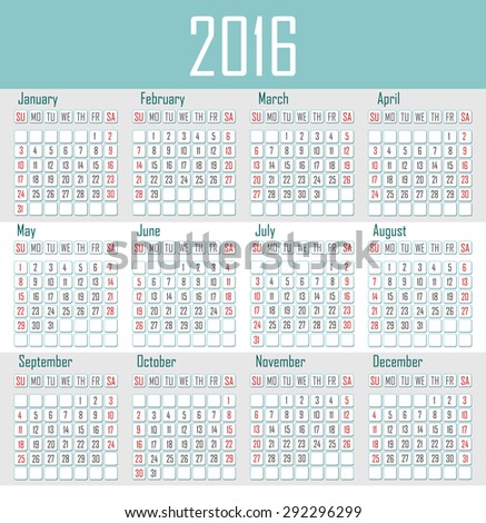 Illustration calendar for 2016 in simple design and pastel colors