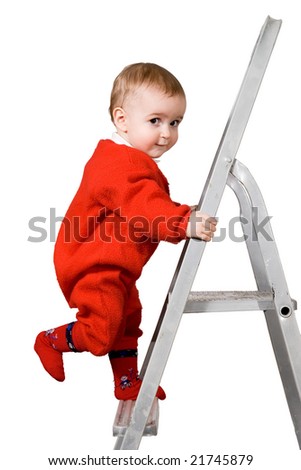 One year old children climbing ladder and smiling. Danger situation concept. Isolated in white background