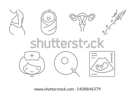 Medical icons - pregnancy: pregnant, newborn, uterus, surgical sutures, midwife, fertilization and ultrasound