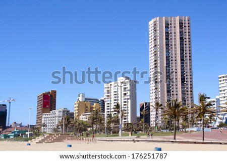 DURBAN, SOUTH AFRICA - FEBRUARY 8, 2014: Residential and commercial buildings along the Golden Mile on the beachfront in Durban South Africa