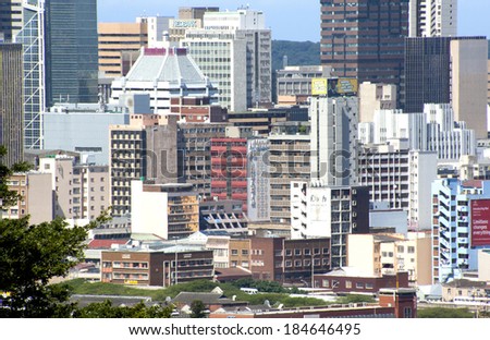 DURBAN, SOUTH AFRICA - MARCH 28, 2014: Closeup city scape of central residential and commercial buildings in Durban South Africa