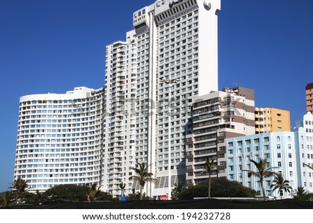 DURBAN, SOUTH AFRICA - MAY 3, 2014: Commercial and residential buildings on Golden Mile Beachfront in Durban South Africa