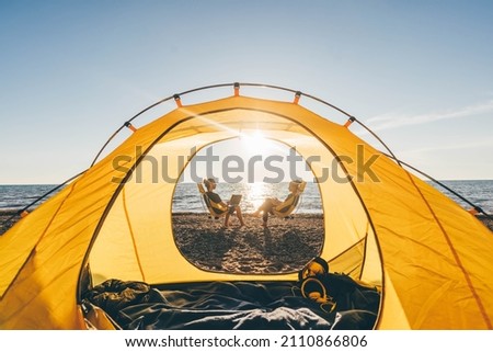 Similar – Image, Stock Photo Man near the tent in the mountain