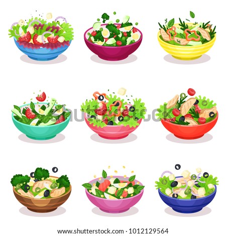 Various salads set, vegetable, fish and meat salad, healthy eating concept vector Illustrations