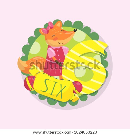 Funny children education card. Cartoon fox character and number 6 six . Colorful round emblem. Flat vector design for birthday postcard, math book or sticker