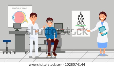 Two doctors examining patient in clinic. Medical workers helping young man selecting eyeglass during testing. Ophthalmology medical service. Healthcare concept. Flat vector