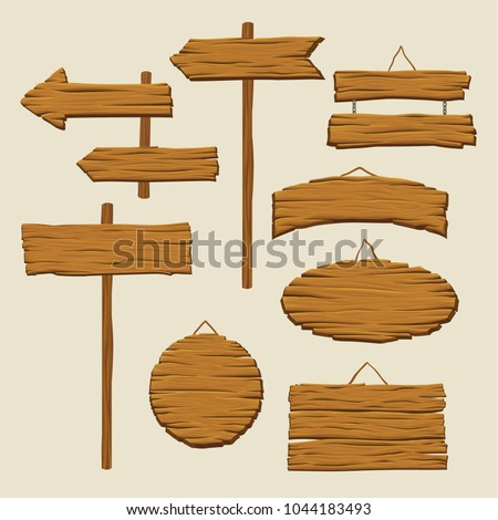 Set of wooden signboards and direction arrows. Blank advertising billboards made out of wood. Signs with place for messages. Detailed vector elements