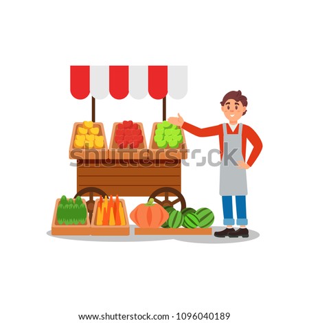 Young street vendor selling fresh fruits and vegetables. Local farmers market. Flat vector design