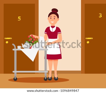 Smiling waitress with food trolley standing near door in hotel. Breakfast for guest. Room service. Flat vector design