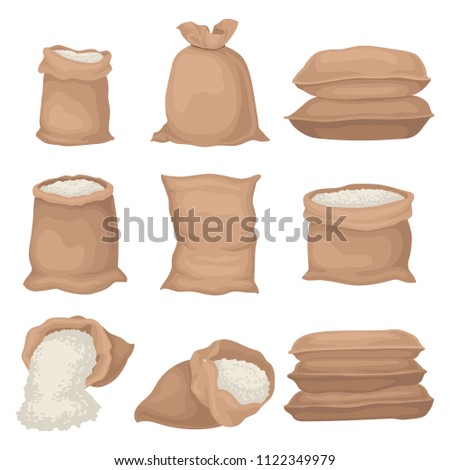 Flat vector set of burlap sacks with rice or flour. Large textile bags. Agricultural product. Elements for promo poster or banner