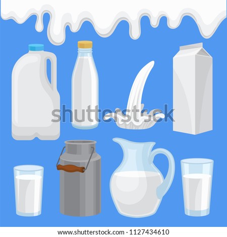 Milk product in various containers set, milk packaging of different shape vector Illustrations in flat style