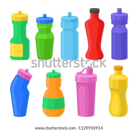 Plastic reusable water bottles set, coorful drink bottles for fitness, protein shakers vector Illustrations on a white background